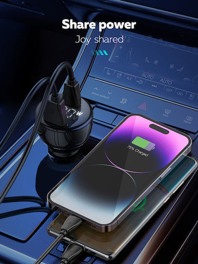 Ldnio C101 Car Charger 100W 3A Fast Charging with Ports: 1xUSB 1xType-C with Cable Type-C Black Color