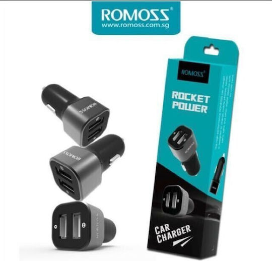 Romoss Rocket Power Handy-Autoladegerät 12W 2.4A Schnellladen mit 2xUSB-A Schwarz Farbe