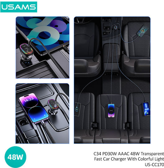 Usams Auto-Ladegerät 48W mit Anschlüssen: 3xUSB 1xType-C Schwarz Farbe