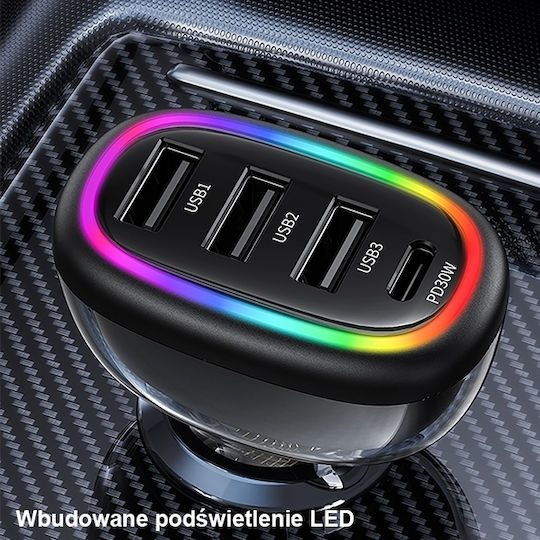 Usams Auto-Ladegerät 48W mit Anschlüssen: 3xUSB 1xType-C Schwarz Farbe