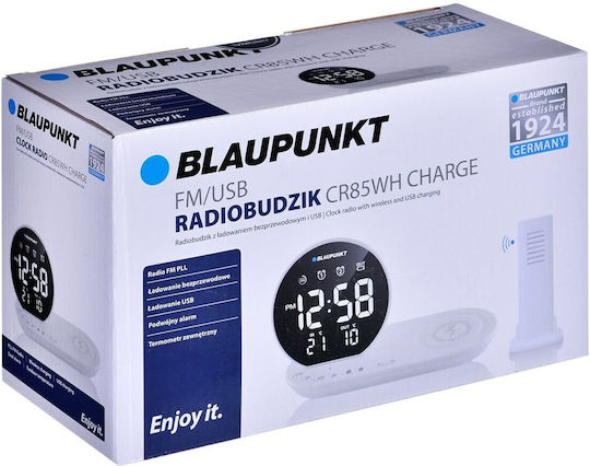Blaupunkt Tabletop Digital LED Clock with Alarm Clock Radio and Wireless Charging White CR85WH