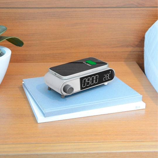 Ksix Retro Tabletop Digital Metal Clock With Alarm Clock & Wireless Charging White BXCQI15B