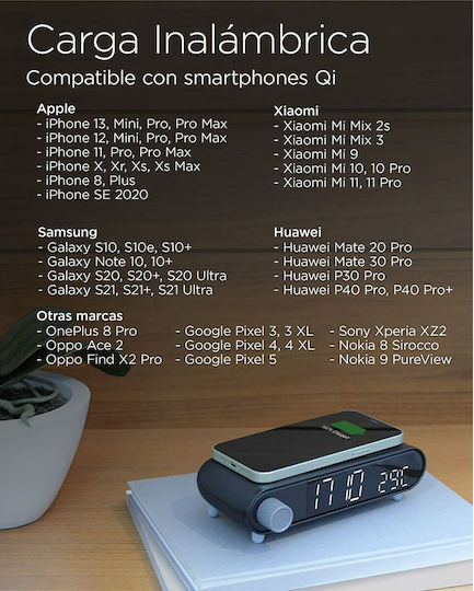 Ksix Retro Tabletop Digital Metal Clock With Alarm Clock & Wireless Charging White BXCQI15B