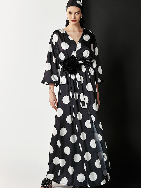 Black Polka Dot Long Satin Dress with Belt