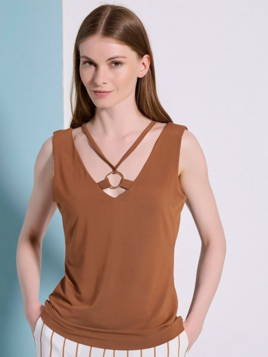 Matis Fashion Women's Crop Top Sleeveless with V Neckline Brown