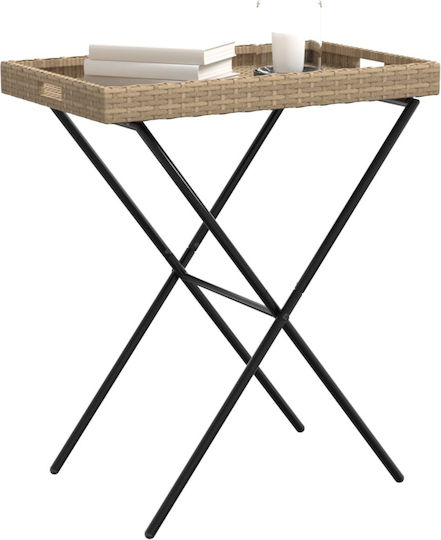 Auxiliary Outdoor Foldable Table with Rattan Surface and Metal Frame Natural 65x40x75cm