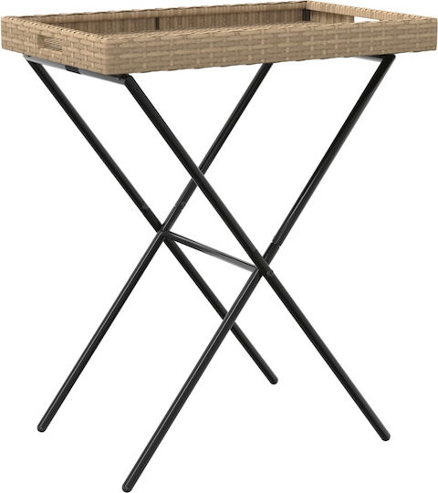 Auxiliary Outdoor Foldable Table with Rattan Surface and Metal Frame Natural 65x40x75cm