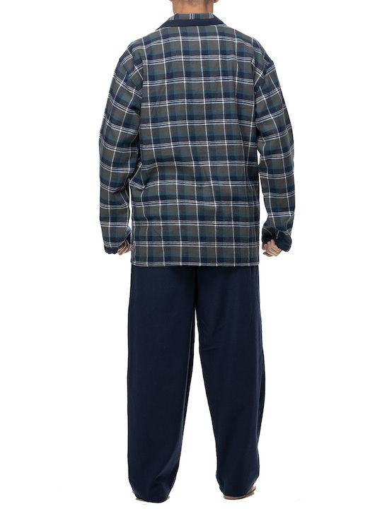 Men's Winter Cotton Checked Pajama Pants Solid color, front opening with buttons.