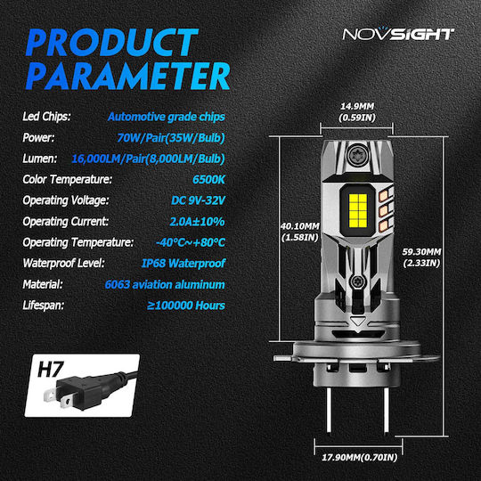 NovSight Λάμπες Αυτοκινήτου H7 LED 6500K Ψυχρό Λευκό 70W 2τμχ