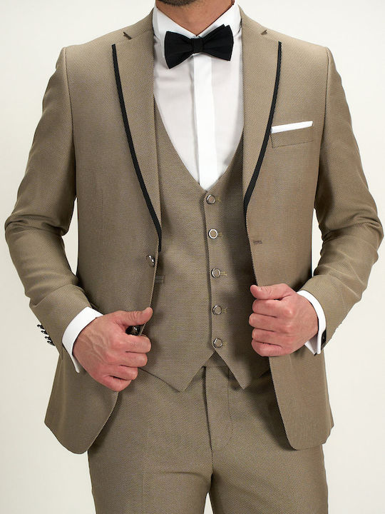 Boston Men's Summer Suit with Vest Regular Fit Beige