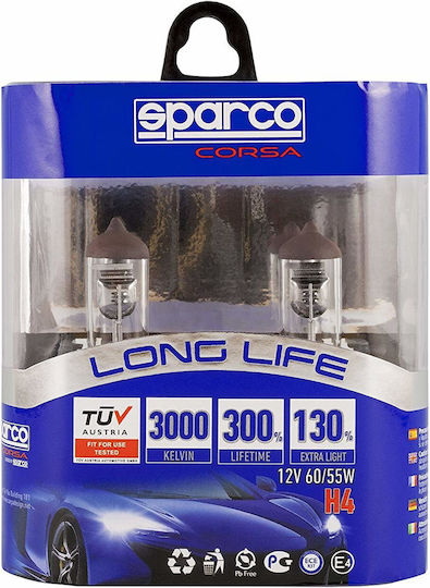 Sparco Λάμπες Αυτοκινήτου E-Mark H4 Αλογόνου 3000K 12V 55W 2τμχ