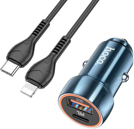 Hoco Car Charger Blue Z46A Total Intensity 3A Fast Charging with Ports: 1xUSB 1xType-C with Cable Lightning