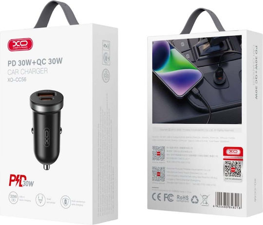 XO Car Charger 30W Fast Charging with Ports: 1xUSB 1xType-C Black Color