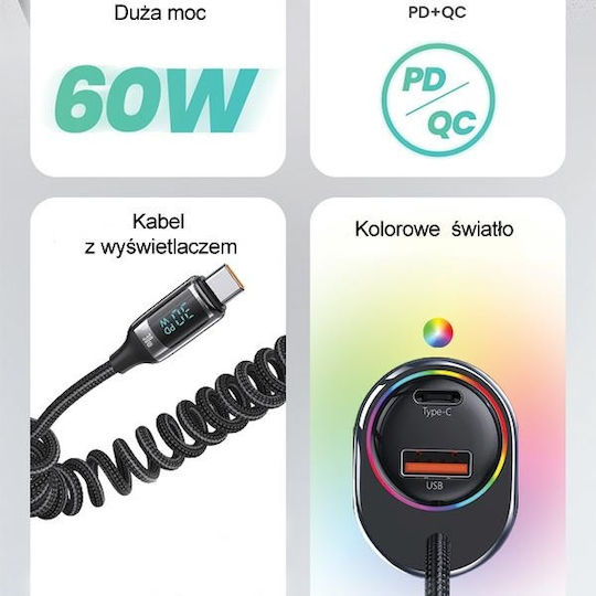 Usams Auto-Ladegerät 60W Schnellladung mit Anschlüssen: 1xUSB 1xType-C mit Kabel Typ-C,TC-TC Schwarz Farbe