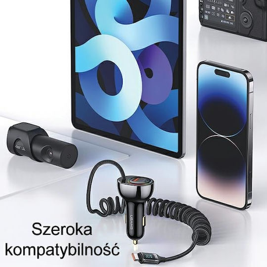 Usams Auto-Ladegerät 60W Schnellladung mit Anschlüssen: 1xUSB 1xType-C mit Kabel Typ-C,TC-TC Schwarz Farbe