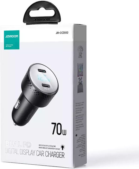 Joyroom JR-CCD02 Φορτιστής Αυτοκινήτου 70W 3A με Θύρες: 2xType-C Μαύρο Χρώμα
