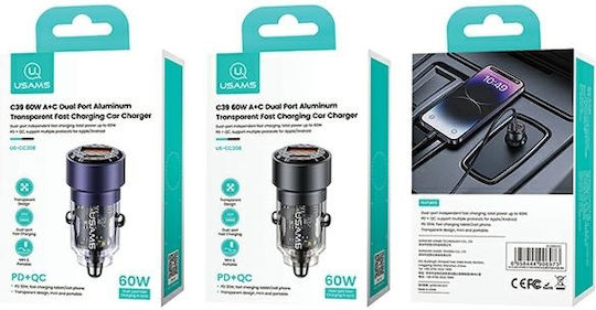 Usams Φορτιστής Αυτοκινήτου 60W με Θύρες: 1xUSB 1xType-C Μωβ Χρώμα