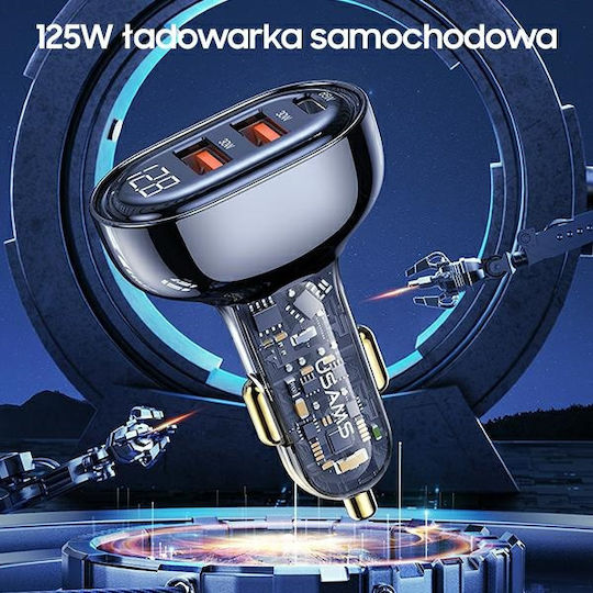 Usams Φορτιστής Αυτοκινήτου 125W Γρήγορης Φόρτισης με Θύρες: 2xUSB 1xType-C Γκρι