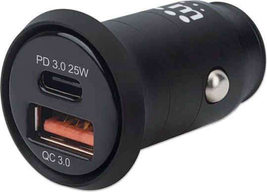 Manhattan Car Charger 25W 3A Fast Charging with Ports 1xUSB 1xType-C Black Colour