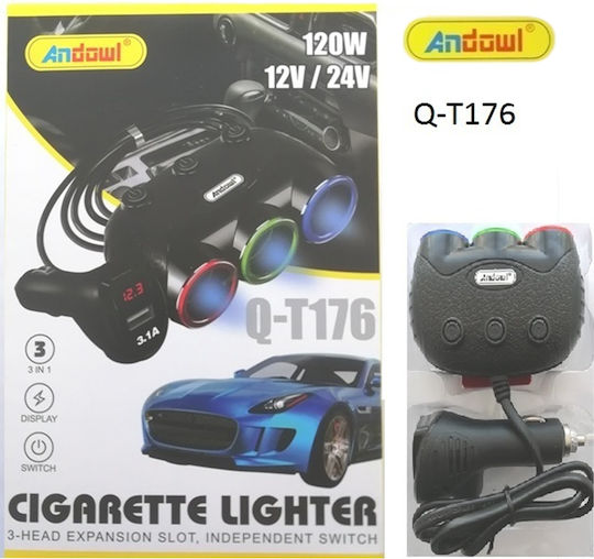 Awei Auto-Ladegerät 5A mit Anschlüssen: 3xZigarettenanzünder Schwarz Farbe
