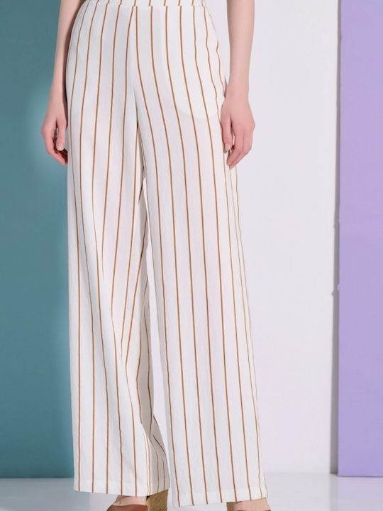 Pantaloni Dama Largi High Rise Cu Cauciuc În Fit Regular Model Cu Dungi Ecru
