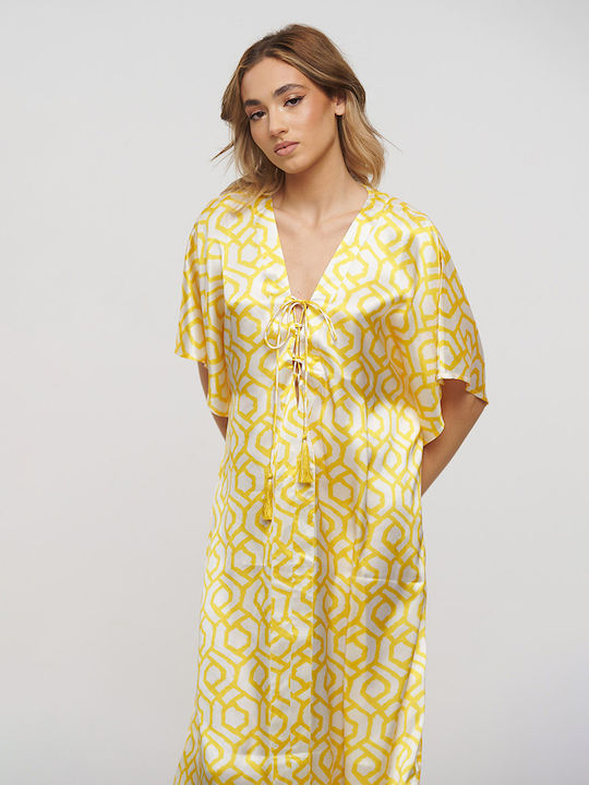 Ble Resort Collection One Size 100% Γυναικείο Μακρύ Καφτάνι Παραλίας Λευκο/κιτρινο