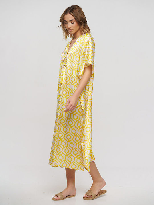 Ble Resort Collection One Size 100% Γυναικείο Μακρύ Καφτάνι Παραλίας Λευκο/κιτρινο