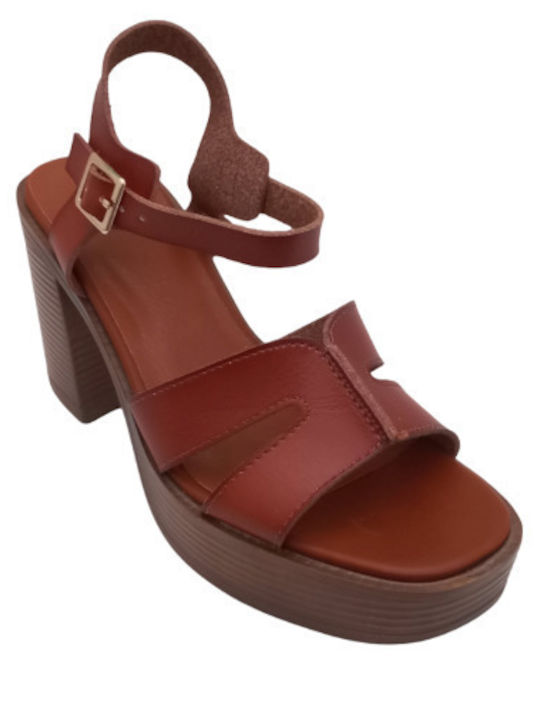 Alta Moda Platform Women's Sandals with Ankle Strap Brown with Chunky High Heel