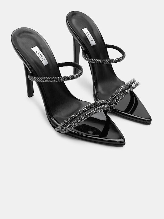 Luigi Synthetic Leather Women's Sandals with Strass Black with High Heel