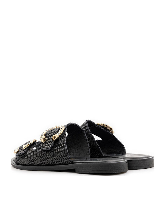 Leather Women's Flat Sandals in Black Color