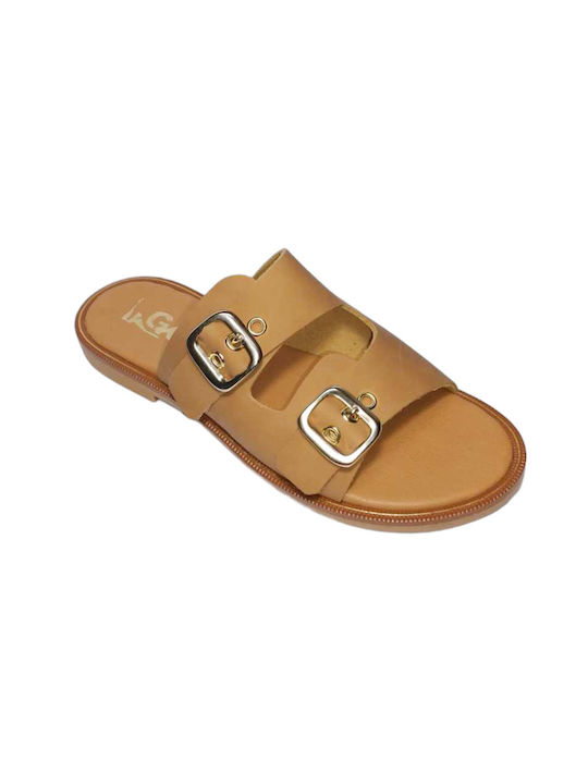 Gk Shoes Leather Women's Flat Sandals in Tabac Brown Color