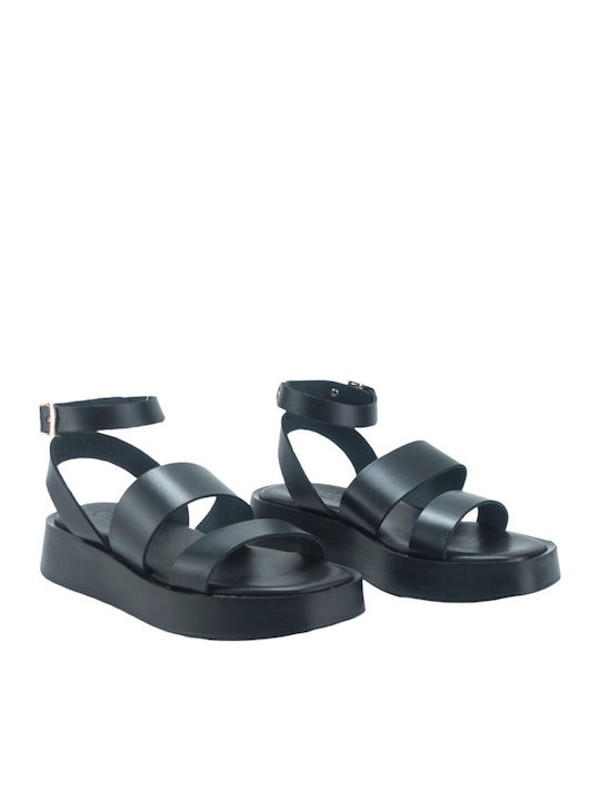 Leather Women's Flat Sandals in Black Color