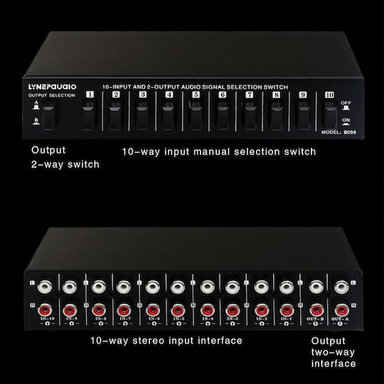 B059 10 In 2 Out 2 In 10 Out 2-way Rca Switch Audio Frequency Signal Select Shift Device Loudspeaker Box