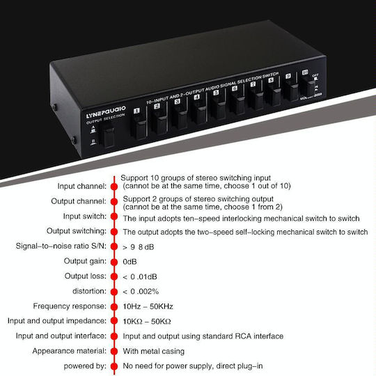 B059 10 In 2 Out 2 In 10 Out 2-way Rca Switch Audio Frequency Signal Select Shift Device Loudspeaker Box