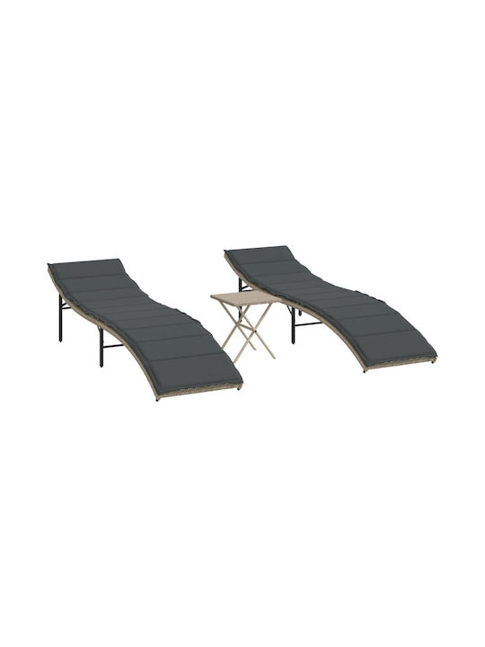 Deckchair Rattan with Cushion Gray with Table 2pcs 199x55cm.