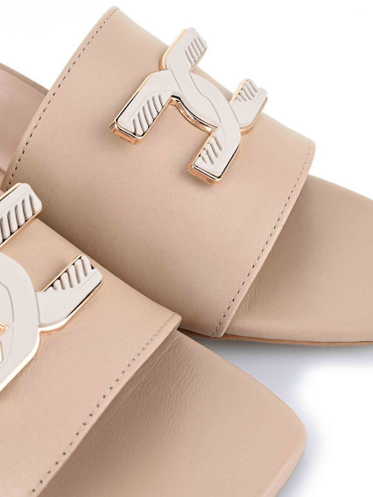 Δερμάτινα Mules με Χοντρό Τακούνι σε Μπεζ Χρώμα