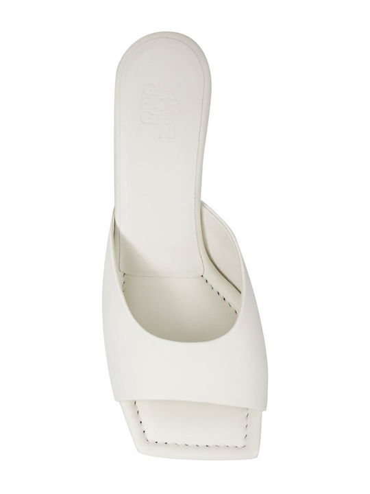 Leather Mules with Chunky High Heel in Ecru Color