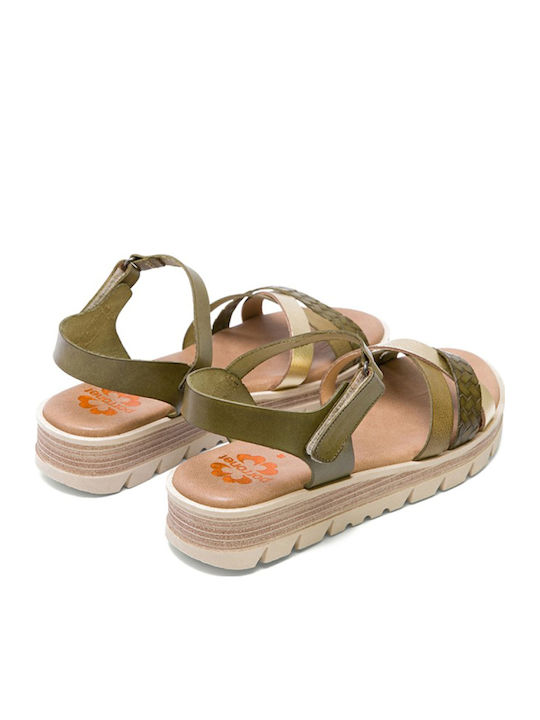 Leder Flache Sandalen für Damen Flatforms in Khaki Farbe