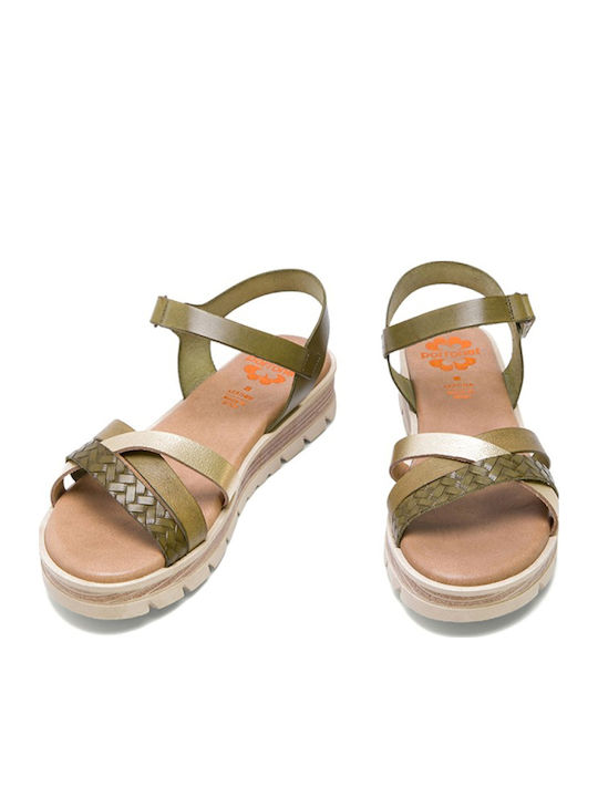 Leder Flache Sandalen für Damen Flatforms in Khaki Farbe
