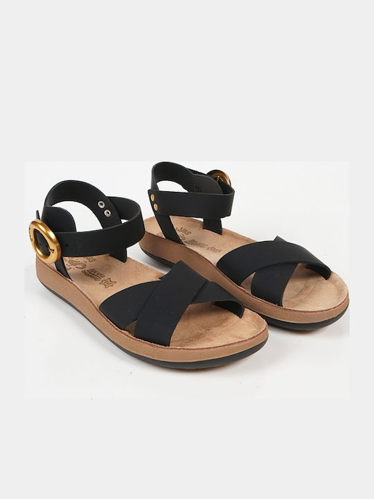 Leather Women's Flat Sandals Anatomic in Black Color