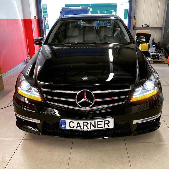 Front Lights Set Mercedes-Benz C-Class W204 11-14 Drl & Led Flasher Black H7 Motor