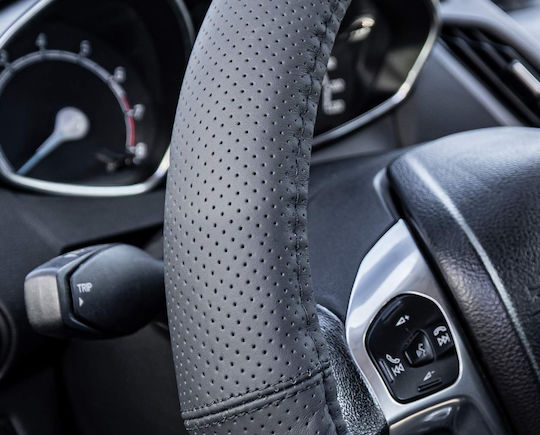 AMiO Husă Volan Auto cu Diametru 39-41cm din Piele ecologică Negru cu Cusătură Neagră