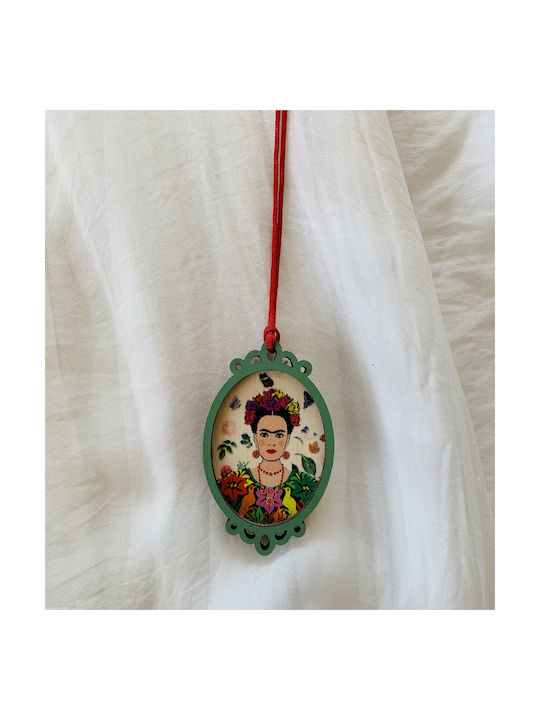 Wooden Oval Necklace Motif Frida Kahlo