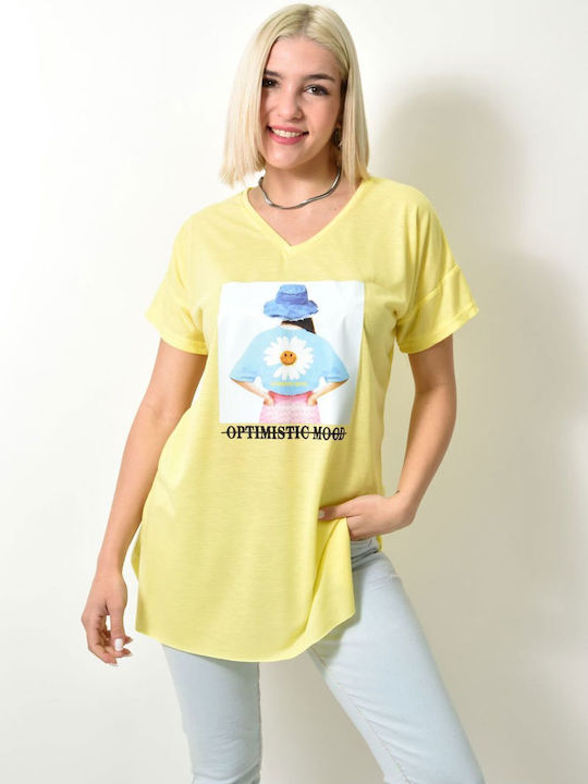 First Woman Women's Blouse Short Sleeve with V Neckline Yellow