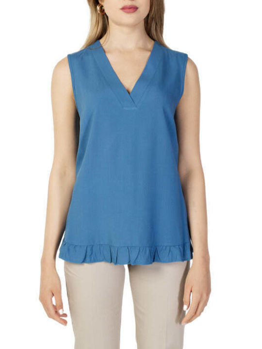 Sandro Ferrone Women's Summer Blouse Cotton Sleeveless with V Neckline Blue