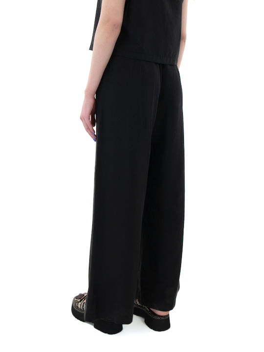 Moutaki Women's High Waist Linen Trousers in Wide Line Black