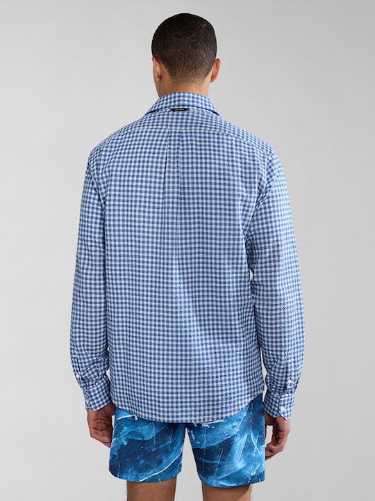 Napapijri Men's Shirt Long Sleeve Cotton Checked Blue