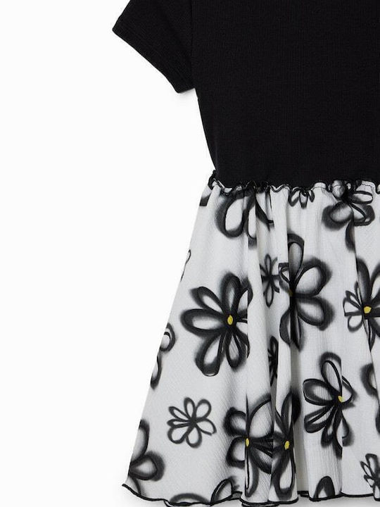 Combination Floral Kinderkleid Kurzärmelig Blumen Schwarz