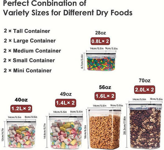 Food Storage Set 10 Pieces General Use Jars with Airtight Lid Plastic 2800ml 10 Pieces