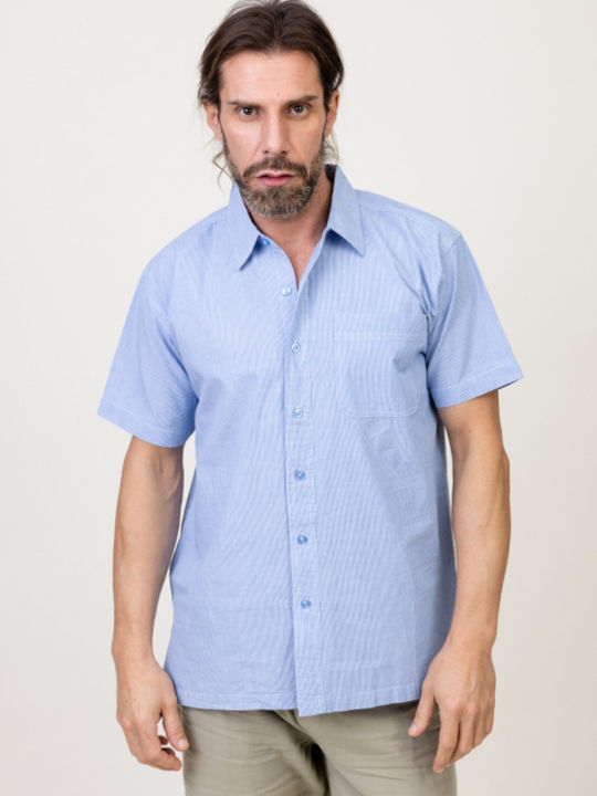 Pronomio Men's Shirt Short Sleeve Cotton Striped Blue